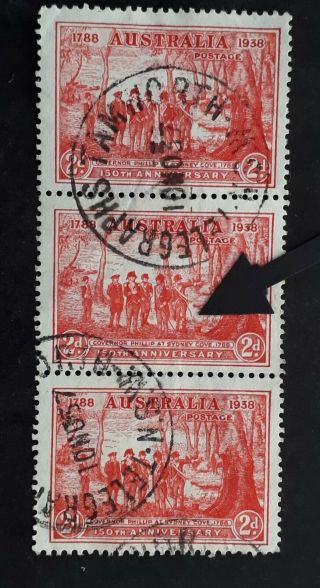 Rare 1937 Australia Strip 3x2d Scarlet Nsw 150th Stamps Man W Tail Variety