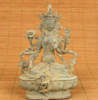 Chinese Rare Old Copper Hand Carving Green Tara Buddha Statue Noble Decoration