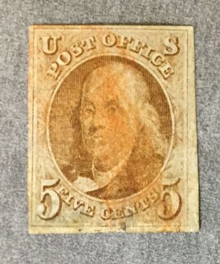 U.  S.  Stamp Scott 1  All 4 Margins.  Orange Town Cancel 1847 Rare