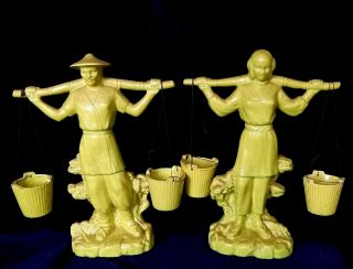 Pair 1950 Gonder Pottery Asian Water Bearer Figures W Rare Hanging Buckets