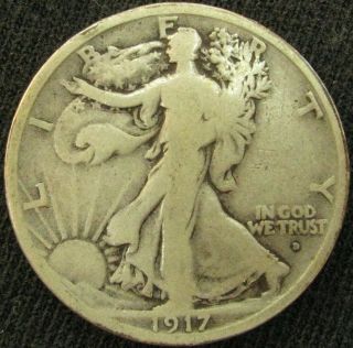 Walking Liberty Half Dollar 1917 - D (obverse) Rare Mark,  Full Rim,  Good Grade