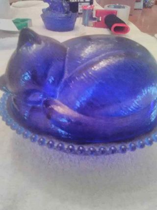 Rare Vintage Indiana Glass Cobalt Blue Sleeping Cat On Nest Candy Dish