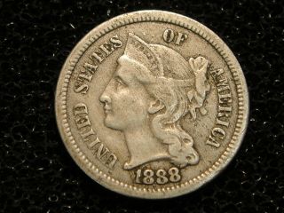 1888 Three Cent Nickel Piece 3c Coin Vf Low Mintage 36,  501 Rare