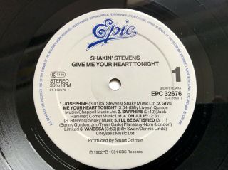 Shakin’ Stevens LP Give Me Your Heart Tonight Rare WHITE LABEL Epic 1982 VGC, 3