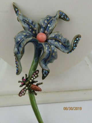 Rare Jay Strongwater Enamel Flower Brooch With Swarovski Crystals Blue