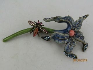 Rare Jay Strongwater Enamel flower Brooch with Swarovski Crystals Blue 2