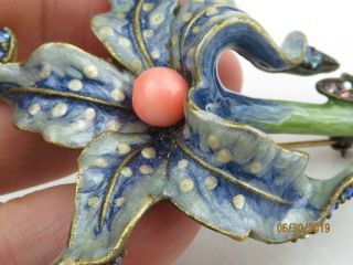 Rare Jay Strongwater Enamel flower Brooch with Swarovski Crystals Blue 8