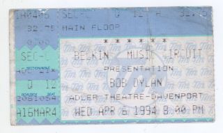 Mega Rare Bob Dylan 4/6/94 Davenport Ia Adler Theatre Ticket Stub