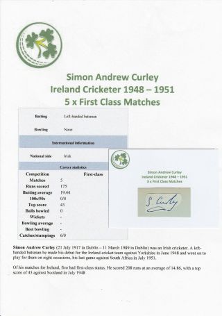 Simon Curley Ireland Cricketer 1948 - 1951 Rare Autograph Cutting/card