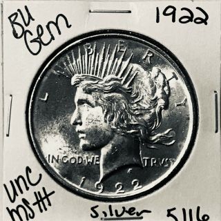 1922 P Bu Gem Peace Silver Dollar Unc Ms,  U.  S.  Rare Coin 5116