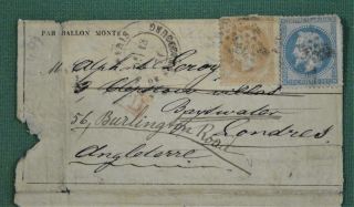 Rare France Stamp Cover Balloon Post 13 January 1871 Paris To England (l96)