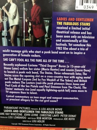 Ladies And Gentlemen The Fabulous Stains Diane Lane,  Punk Rock DVD Rare,  OOP VG 3