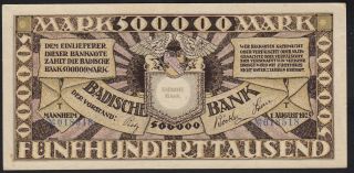 1923 500,  000 Mark Mannheim German State Baden Rare Emergency Banknote P S911 Xf
