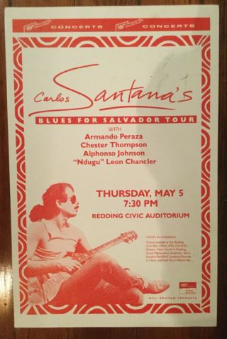 Rare Carlos Santana 1988 Blues For Salvador Concert Poster Redding Civic Aud.