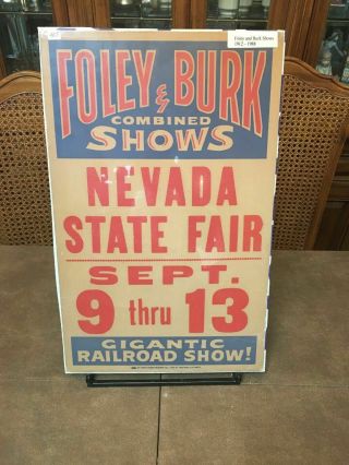 Railroad Carnival Poster.  Foley & Burk Shows.  Rare Vintage Window Card.