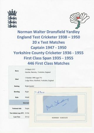 Norman Yardley England Test Cricketer 1938 - 1950 Rare Autograph Card