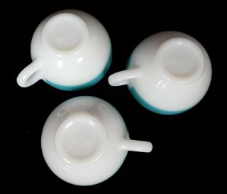 3 Rare Vintage Corning White Milk Glass Mugs w/ Teal Stripe Blower Logo 1950 ' s 5