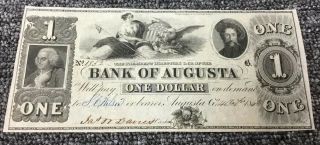 1843 $1 The Bank Of Augusta Ga,  Rare Eagle Vignette Obsolete One Dollar Note