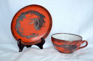 Rare Vintage Hand Painted M M Nippon Red & Black Dragon Tea Cup And Saucer