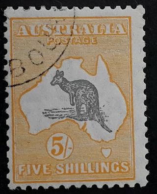 Rare 1929 Australia 5/ - Grey&yellow Orange Kangaroo Stamp Smwmk Cto No Gum.