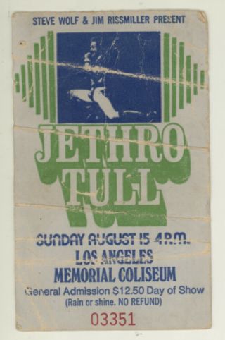 Rare Jethro Tull 8/15/76 Los Angeles Ca Memorial Coliseum Deluxe Ticket Stub