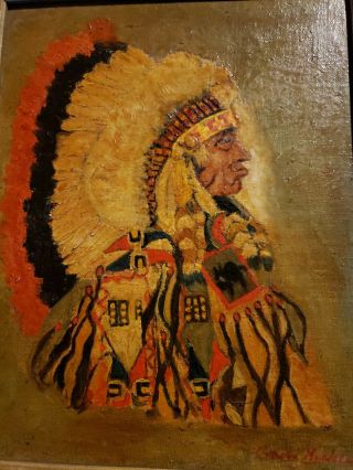 RARE EARLY 1900 ' s OIL PAINTING AMERICAN INDIAN CHIEF SIGNED 4