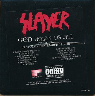 Slayer God Hates Us All Rare Promo Reviewer Advance Cd 