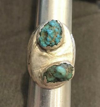 Old Pawn Vintage Sand Cast Sterling Silver Rare Turquoise Mens Ring Sz 9