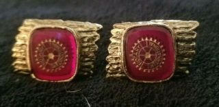 Rare Vintage Rotary International Ruby Red Stone Gold Tone Cuff Link Set
