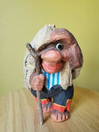 Rare Htf Vtg 1950 Henning Troll Hand Carved Norway Folk Art Gnome Wood Sculpture