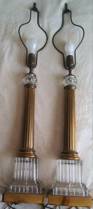 Rare Vintage Glass Brass Doric Column Lamp Hollywood Regency Style 28 1/2 " Tall