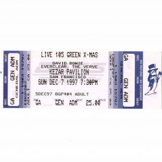 David Bowie Full Concert Ticket Stub Sf Kezar 12/7/97 Xmas Earthling Tour Rare