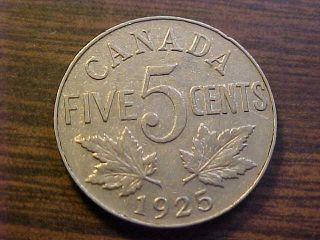 Canada 1925 Five Cents - Scarce Key Date Very Fine Rare Coin