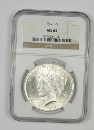 Almost Perfect - Ms - 65 1924 Peace Silver Dollar - Ngc Graded - Rare 876