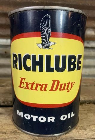 Rare Vtg Richlube Extra Motor Oil Richfield Oil Co 1 Metal Quart Can Gas Station