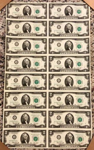 1976 Uncut Currency Star Sheet 16 $2.  00 Dollar Federal Reserve Notes Rare A