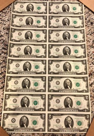 1976 Uncut Currency Star Sheet 16 $2.  00 dollar Federal Reserve Notes RARE A 2