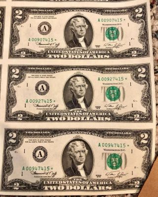 1976 Uncut Currency Star Sheet 16 $2.  00 dollar Federal Reserve Notes RARE A 3