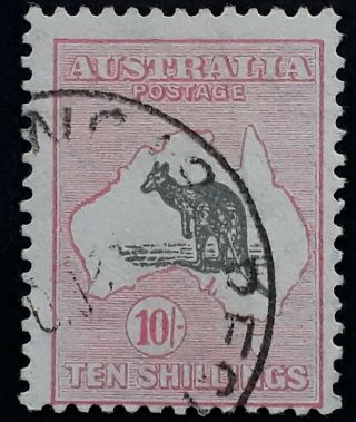Rare 1929 - Australia 10/ - Grey&pale Pink Kangaroo Stamp Smwmk