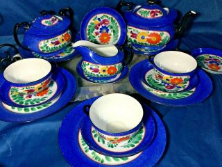 Rare 17pc Czechoslovakia Phoenix China Moravian Handpainted Blue Floral Tea Set