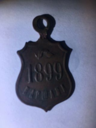 1899 DOG TAX TAG,  WARSAW POLAND,  DOG ' S HEAD OVER THE DATE ON FRONT,  RARE TAG 2