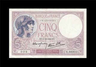 5.  12.  1940 Banque De France 5 Francs Rare ( (ef))