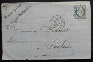 Rare 1871 France Folded Letter Ties 25c Ceres Stamp From Paris To Sarlat