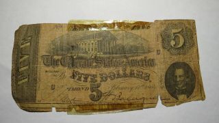 $5 1864 Richmond Virginia Va Confederate Currency Bank Note T69 Rare Civil War