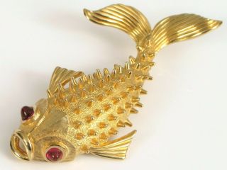Designer Signed Marcel Boucher Gold Tone Puffer Fish Brooch Carp Red Eyes Rare
