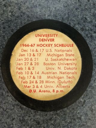 Vintage 1966 - 67 Du Pioneers Hockey Schedule Puck University Of Denver Promo Rare