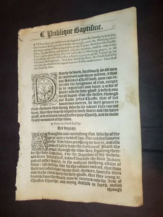 1564 - Book Of Common Prayer Leaf - Title Page To Public Batism - Baptism - Folio - Rare