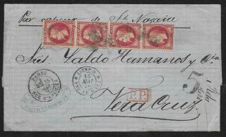 France 1862 Sc 28b Strip Of 4 On Cover To Mecico Rare Item In Sound Quality,