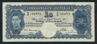 Australia: 1949 Kgvi £5 5 Pounds Coombs - Watt Rare Early Prefix " S/0 "