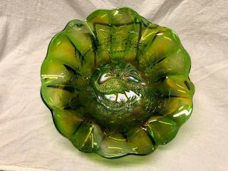 Millersburg Peacock At The Urn Green Carnival Glass Bowl Rare Piece 9 1/2 "